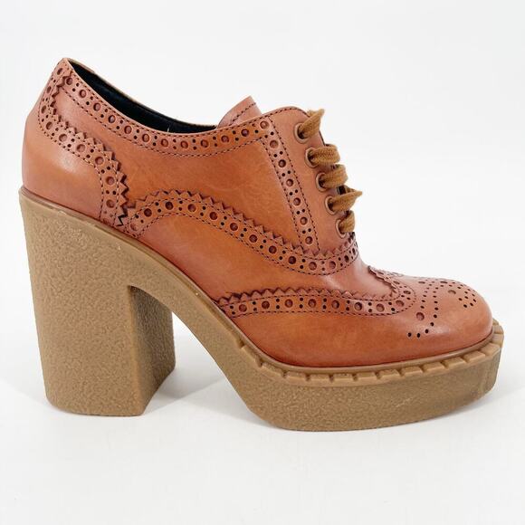 Prada Terracotta Leather Brogue Lace Up Chunky Platform Block Heel Shoes IT 39.5 - Picture 3 of 13